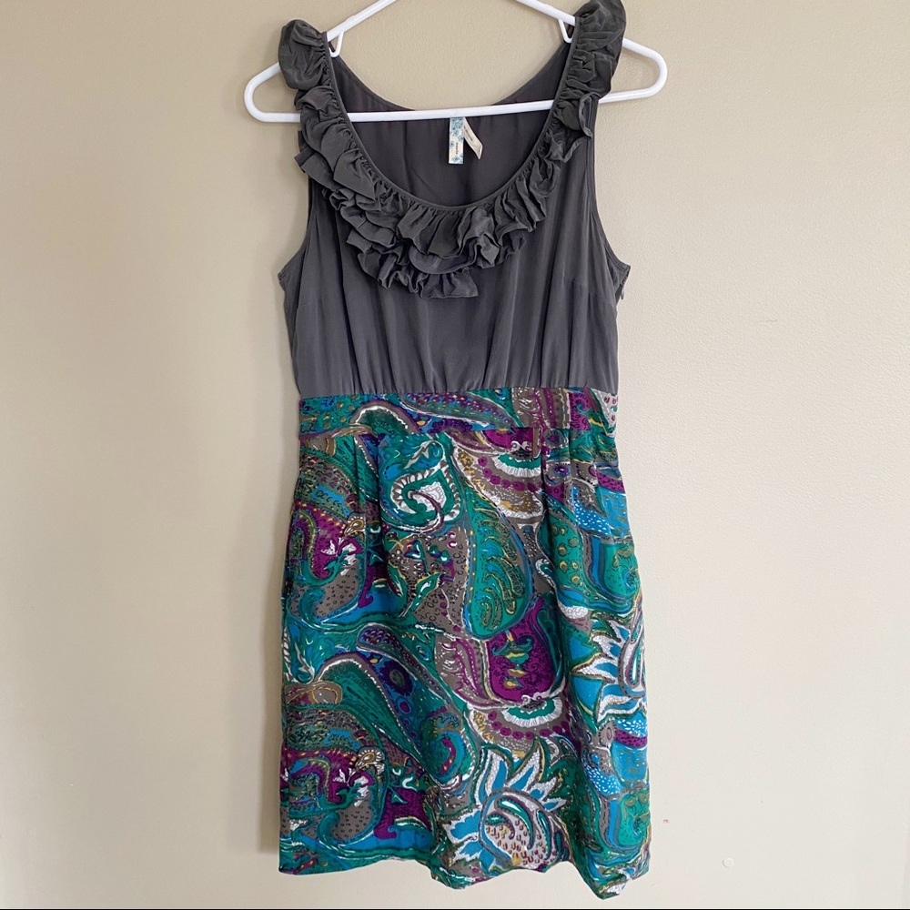 MAEVE sleeveless paisley silk gray green dress